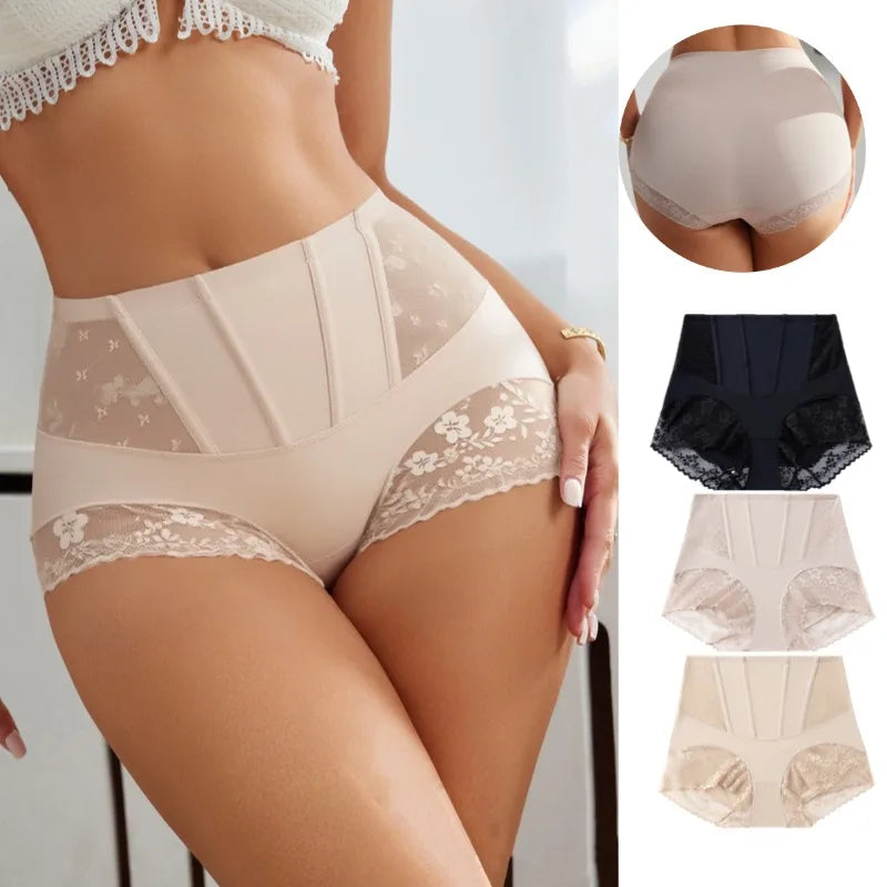 BZEL Women's Shaper Panties High-Waist Lace Sexy Lingerie Abdominal Tightener Comfortable Female Briefs Fishbone Waist Slimming
