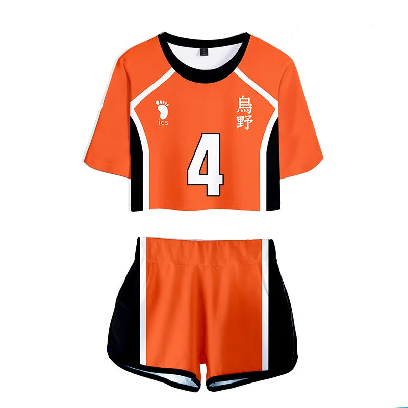 Karasuno Koukou Cosplay Costume Summer Girls Cheerleading Uniform Women Anime Crop Top Short-sleeved T-shirt Shorts