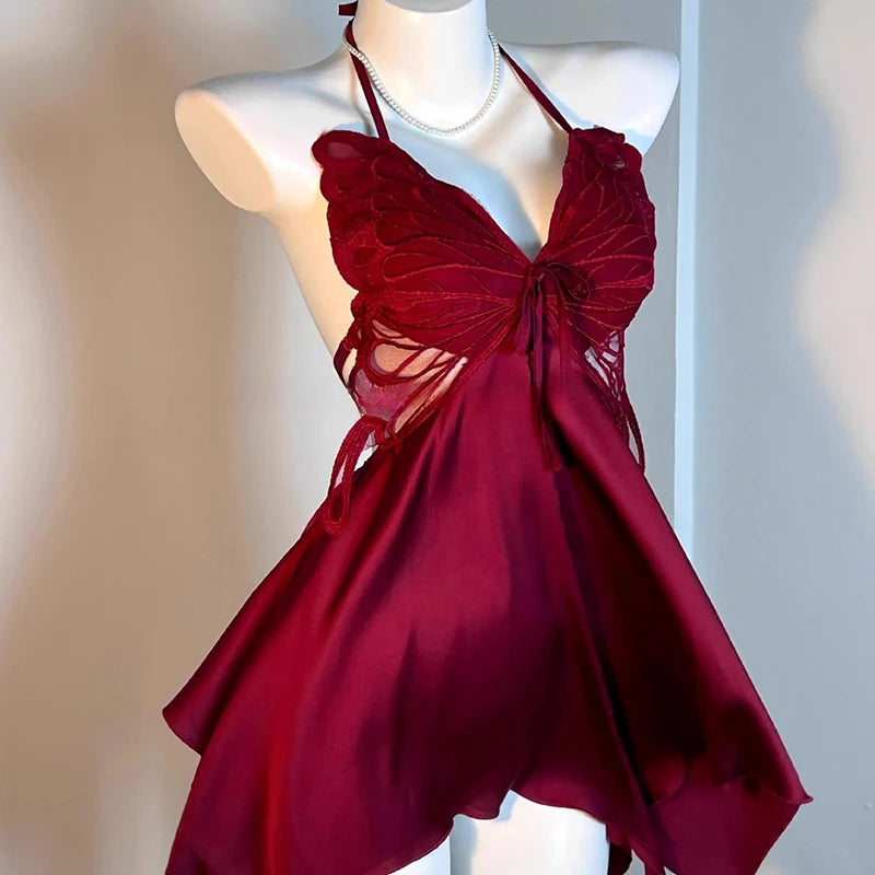 Sexy Ice Silk Sleepwear Women's Strap Butterfly Knot Home Clothes Comfortable Breathable V-neck Short Dress Home Clothes