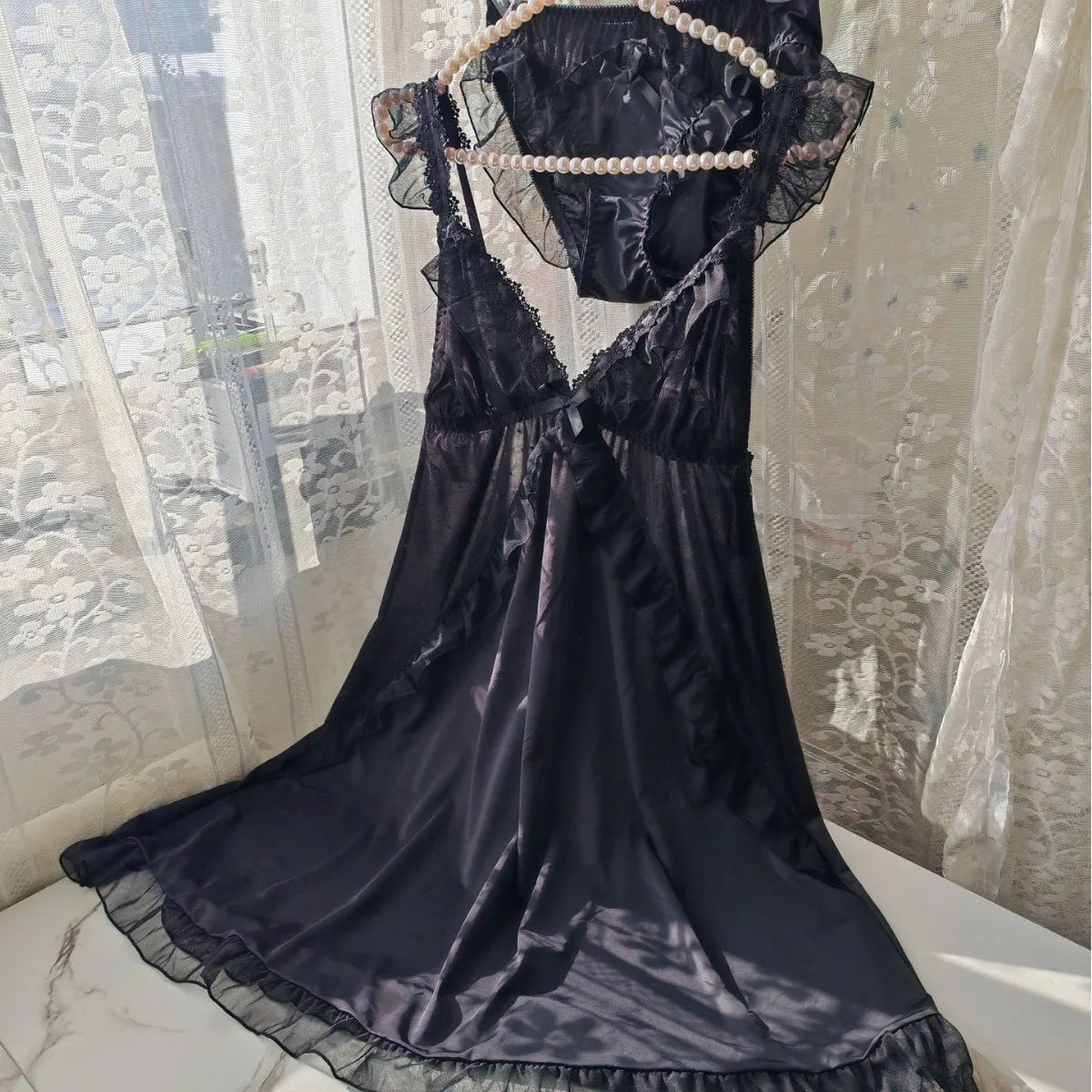 Women Black Ice Silk Nightgown Set Spaghetti Strap Bow Lace Ruffle Sleep Dress With Matching Panties Sexy Lingerie Home Pajamas