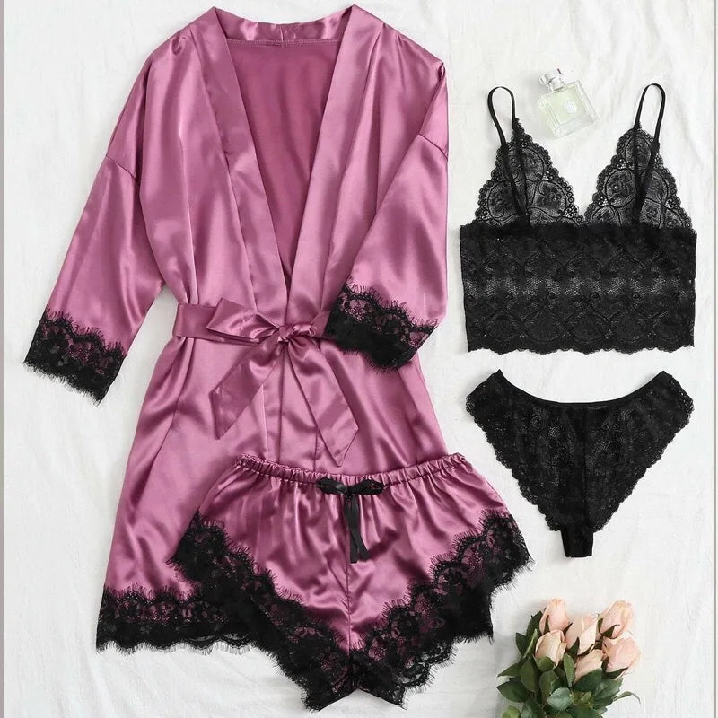 2025New Women's Pajama Fashion 4-piece Set Lace Satin Strap Sexy Pajama Set Dress Skin friendly Comfortable Casual Pajama Skirt