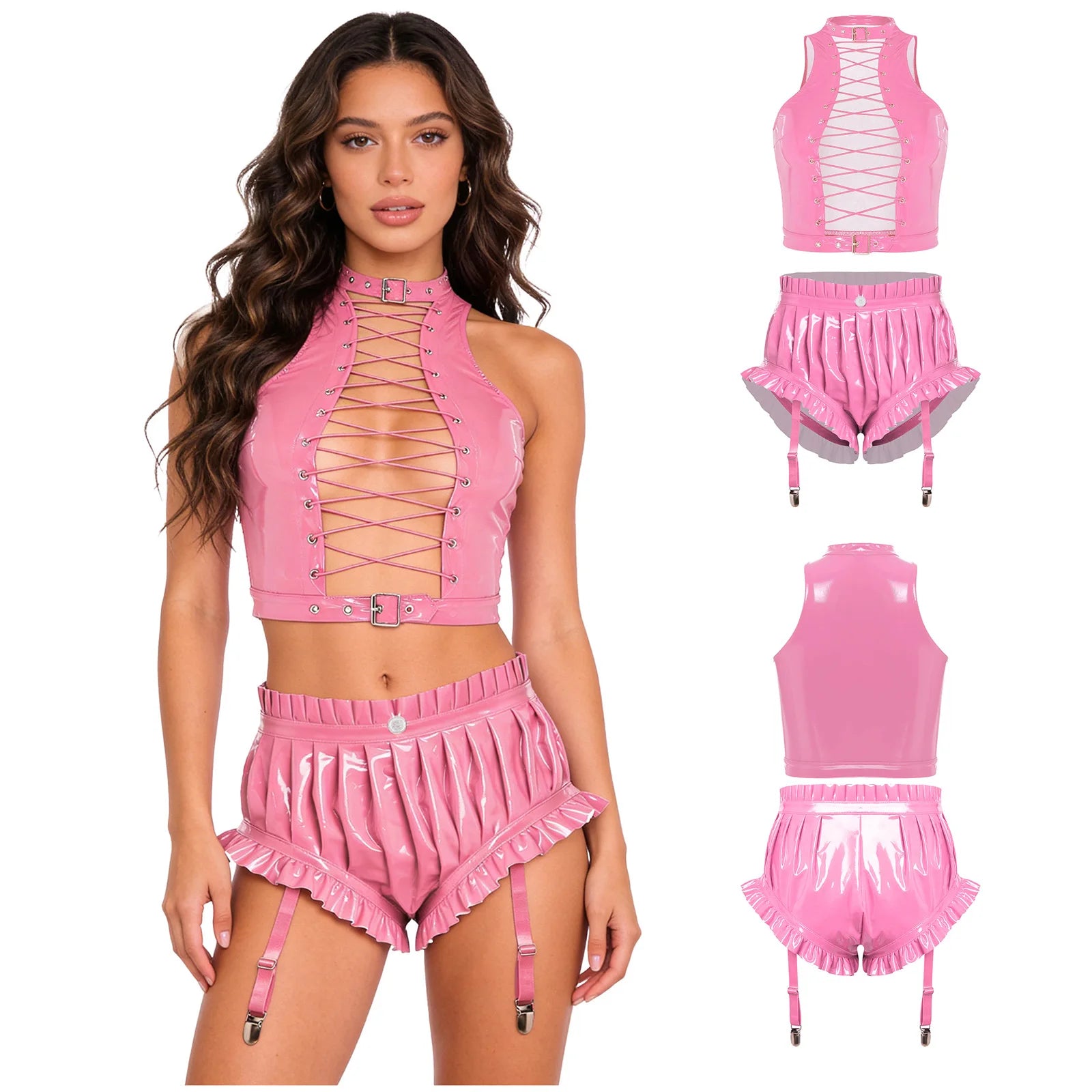 Womens Wet Look PU Leather Clubwear Outfits Cutout Sleeveless Front Eyelet Lace-up Crop Top And Bloomer Shorts with Garter Clips