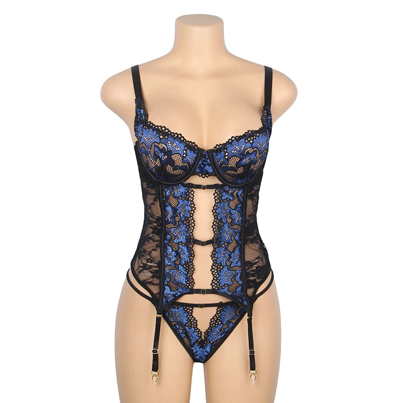 Comeondear Blue Lace Teddy Lingerie Set for Women with Underwire Garter Belt Hollow out Design Sexy Babydoll Nightwear S-2XL