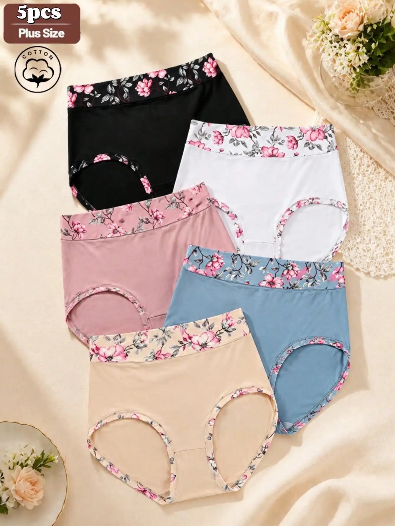 5PCS Plus Size Women's Flower Print Panties, Mid Waist Full Coverage Briefs Set, Soft Fashion Underwear sets,Summer Daily Wear,