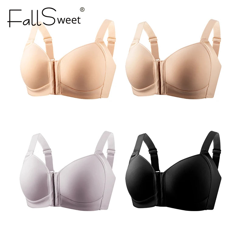 FallSweet Plus Size Wireless Front Closure Bra for Women Seamless Thin Cup Soft Comfortable Breathable Mom Lingerie Brassiere