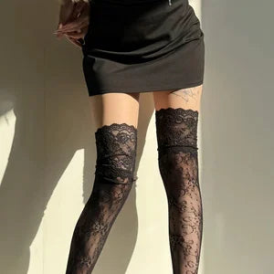 1 Pair Women's Over-Knee Socks with Floral Lace Trim Net Design for Boots Dresses Jeans - Vintage Style