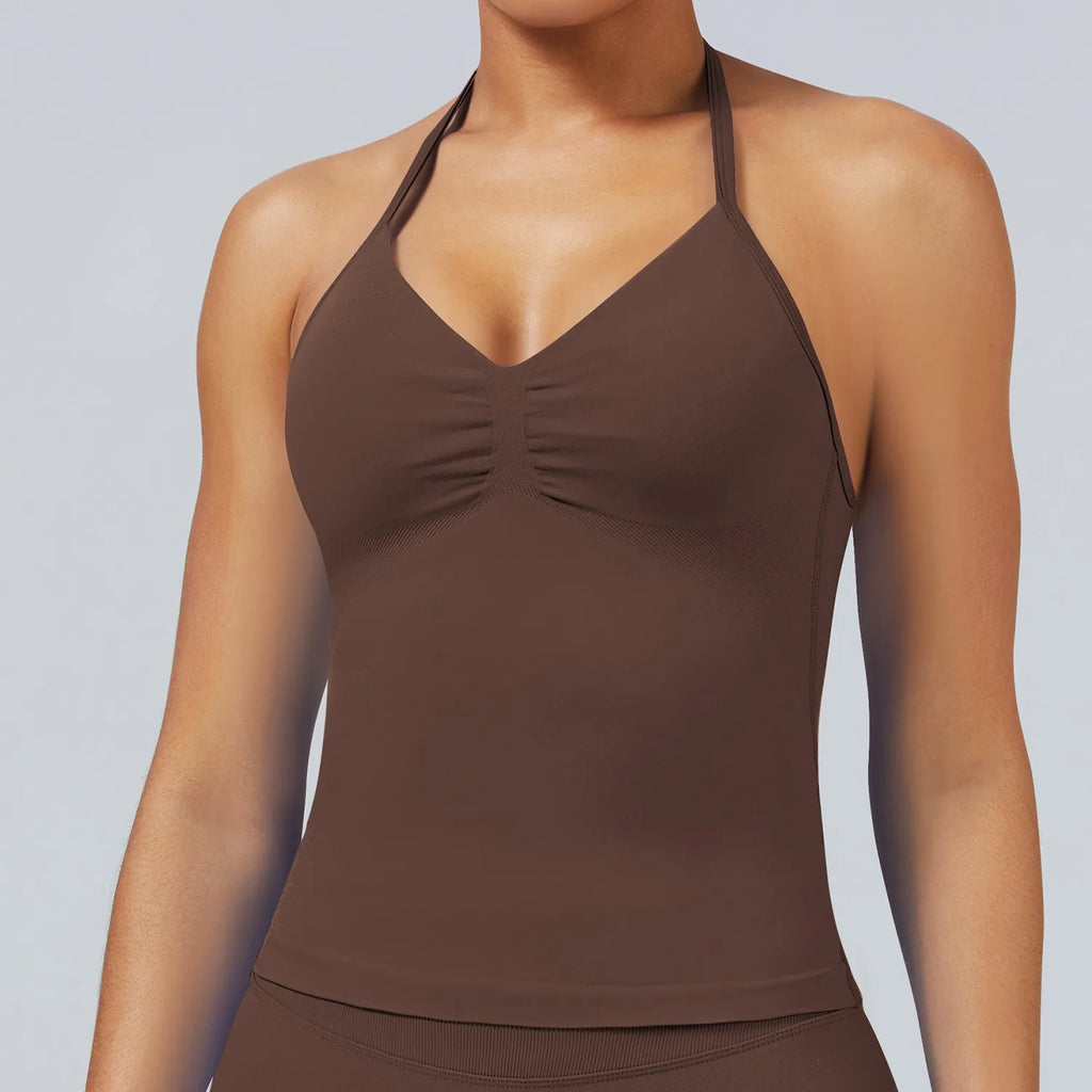 Women's Halter Neck Yoga Tank Top, Front Ruched Seamless Sports Bra Short Top, High-Elastic Soft Nylon Spandex Fitness Wear, Slim-Fit Sleeveless Running Training Fitness Tank Top