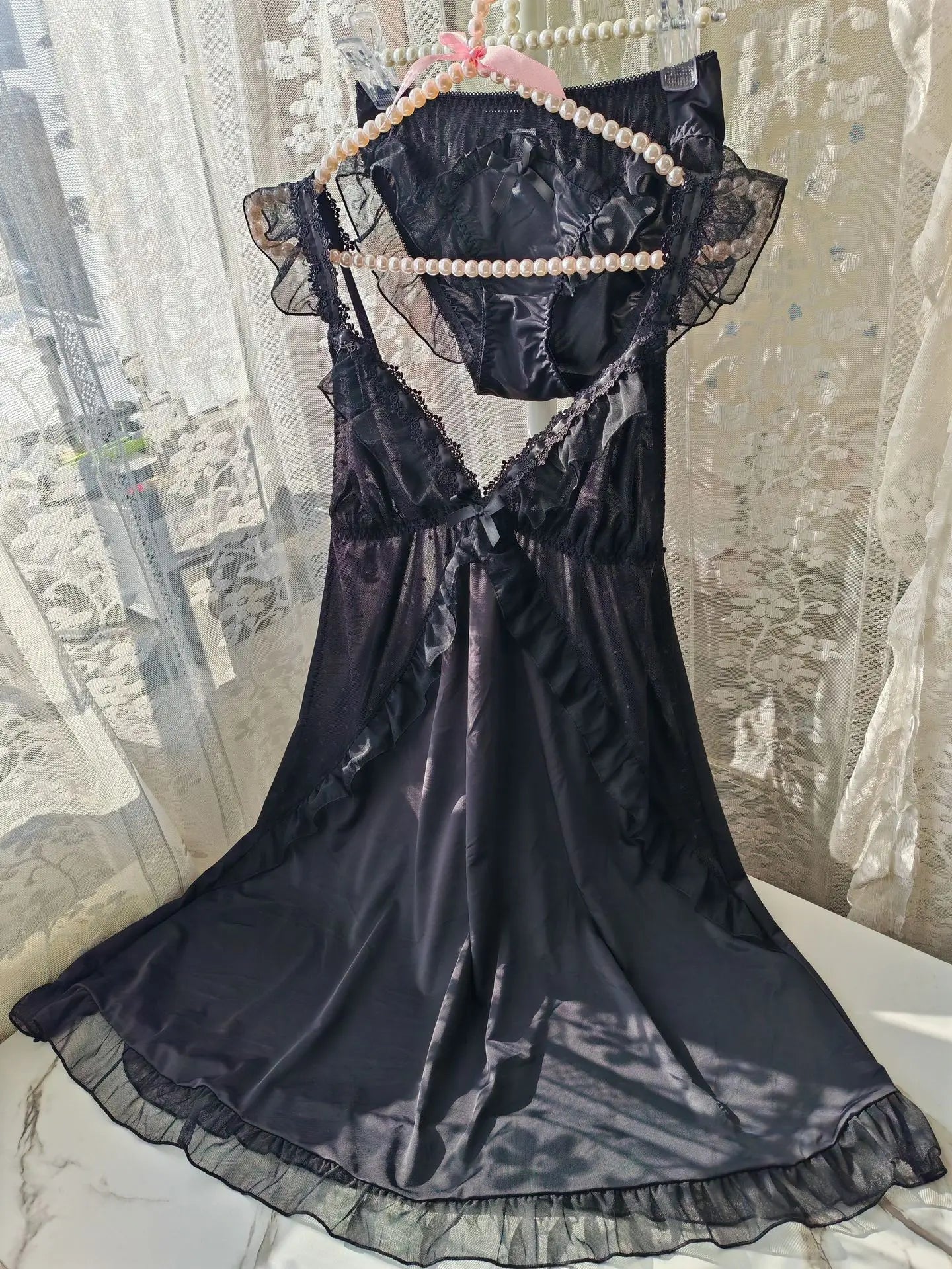 Women Black Ice Silk Nightgown Set Spaghetti Strap Bow Lace Ruffle Sleep Dress With Matching Panties Sexy Lingerie Home Pajamas
