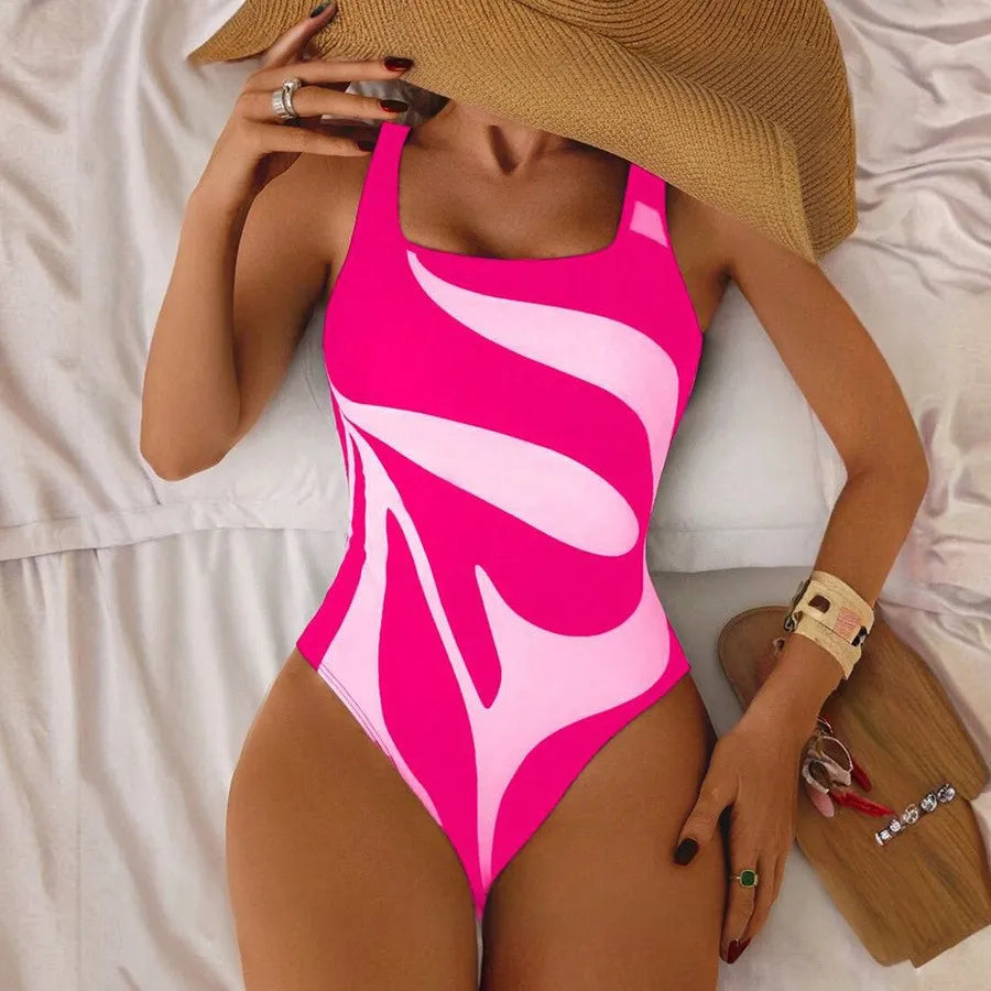 Women's Sexy Lingerie Swimsuit Abstract Print Swimwear High Cut Legs Bathing Suit Scoop Neck Sleeveless Tank Top Straps Pink