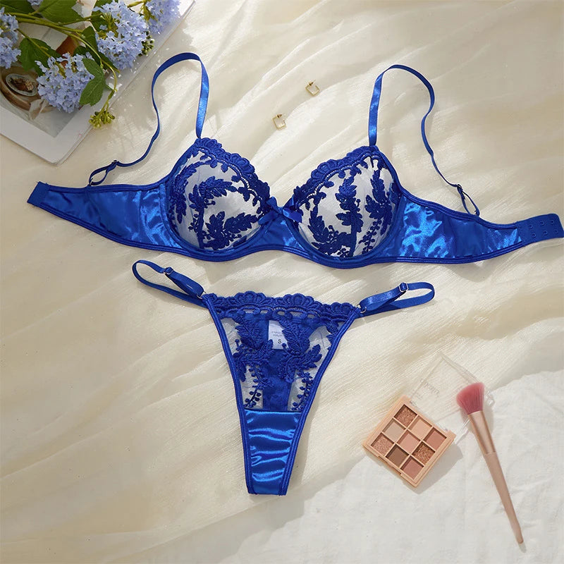 Sexy Women Lingerie Set Dark Blue Ultra Thin Mesh Underwear Delicate Embroidered Bra and Panties Sets Translucent Sexy Lingerie