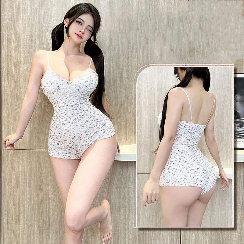Sexy pajamas pure style V-neck small floral suspender nightdress sexy rose floral jumpsuit suspenders