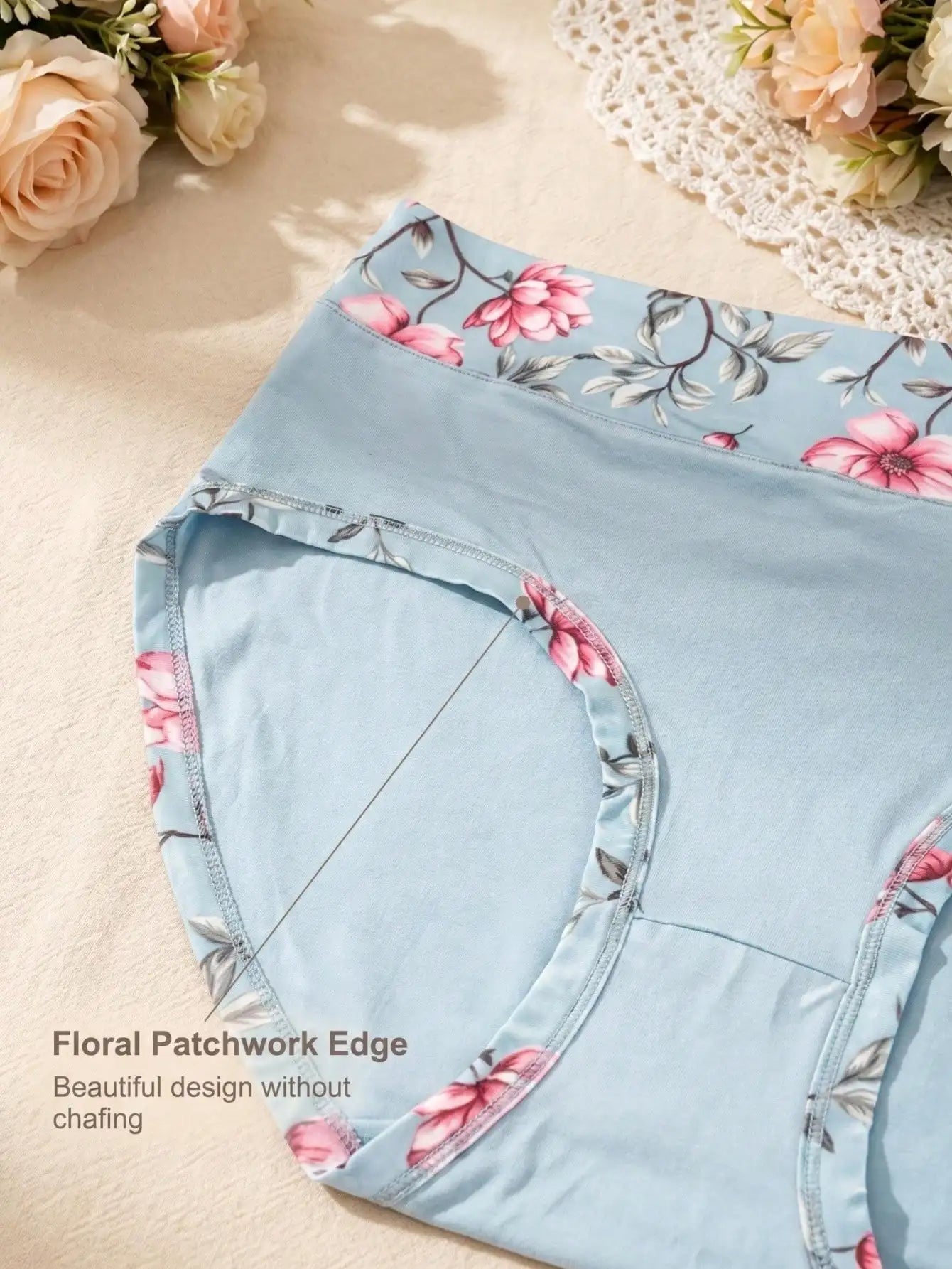 5PCS Plus Size Women's Flower Print Panties, Mid Waist Full Coverage Briefs Set, Soft Fashion Underwear sets,Summer Daily Wear,