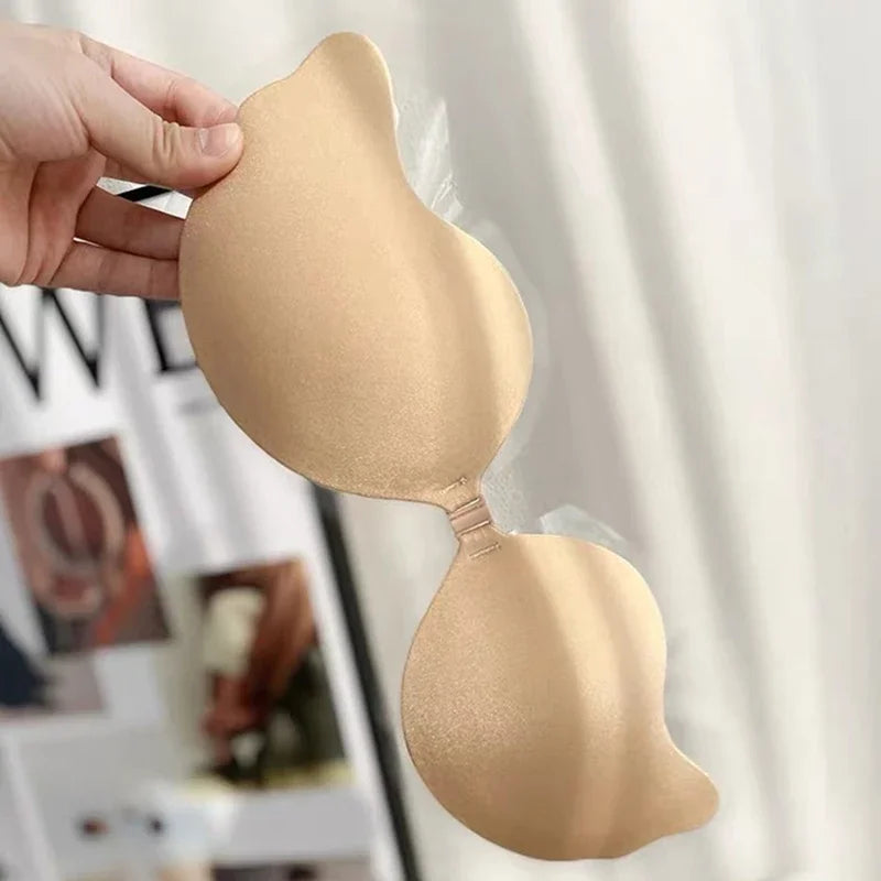 Reusable Adhesive Nipple Covers A-D Cups, Silicone Padded Push-Up Strapless Bra Stick-On Lingerie for Wedding Dresses