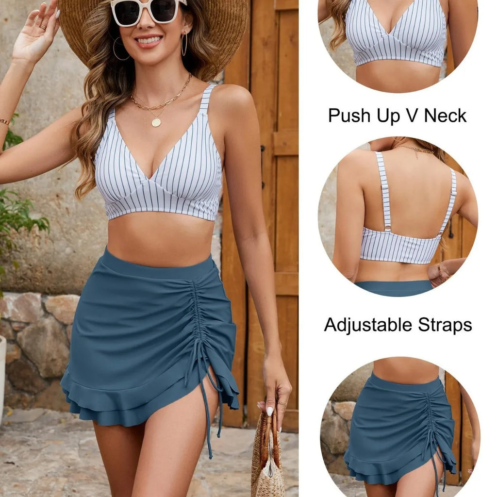 Women's Swimwear Tankini Women Swimsuit Long Sleeve Crop Tankini Top Ruffle Trim V Neck Swim Tank Plaid Print Bikini Top