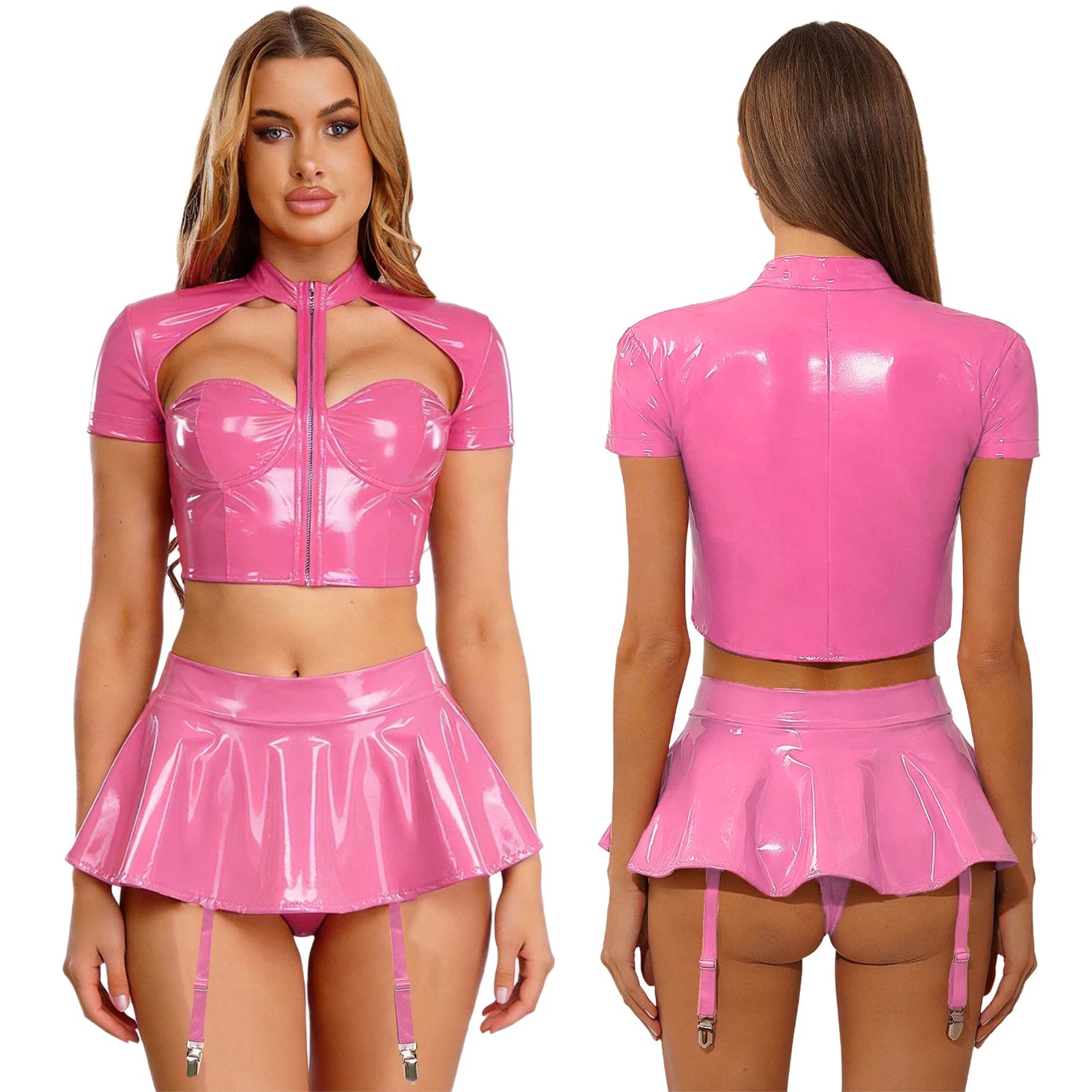 Womens Sexy Lingerie PU Leather Push-up Underwire Cutout Short Sleeve Crop Top And Thongs Miniskirt for Raves Pole Dance