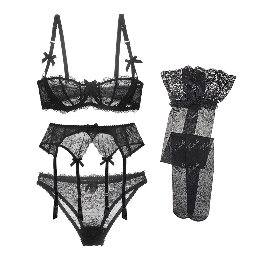 New 2025 Luxury Half Cup Lace Transparent Sexy Lingerie Ultra-thin Solid Shell Style 4 Pieces/Lots Bra Set Garter and ☆★☆★qq