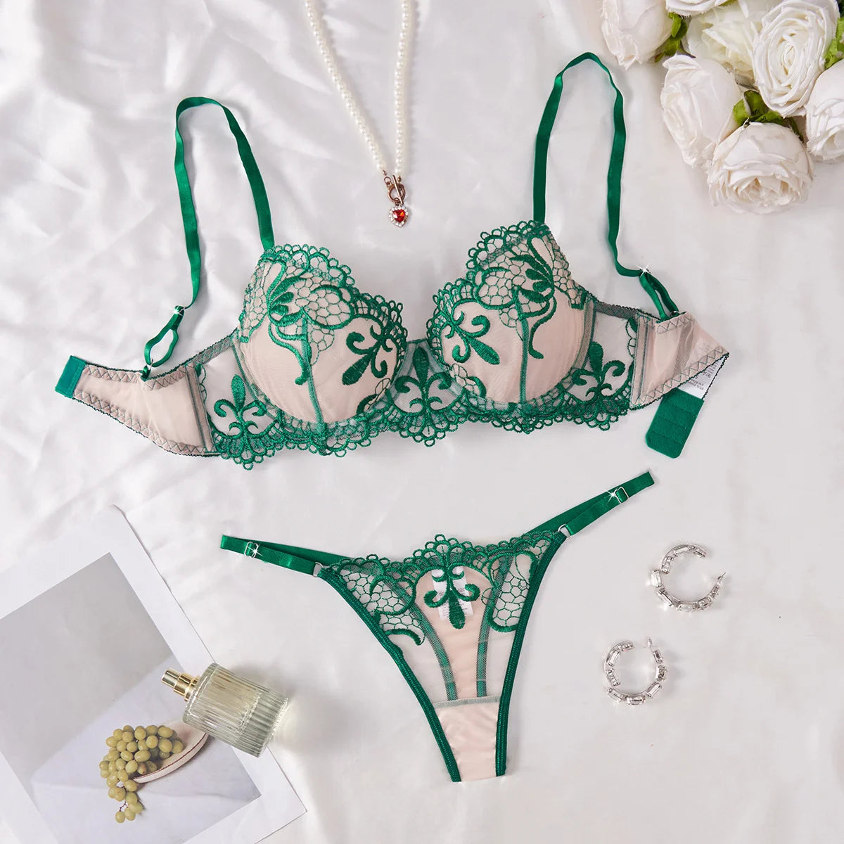 Double Layer Cup Push Up Lingerie Set Floral Embroidery Sheer Mesh 2 Piece Set Sexy Underwear for Women Sexy Bra and Thong Set