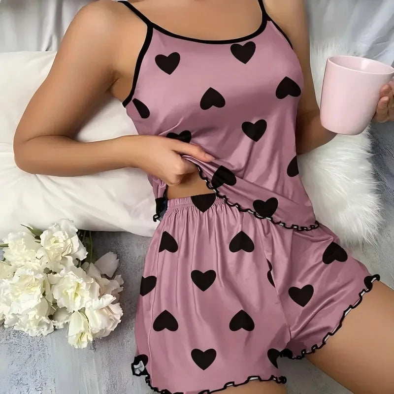 Ice Silk Women's Pajama Set Round Neck Pink Heart Shaped Print T Shirts Shorts Comfortable Casual Summer