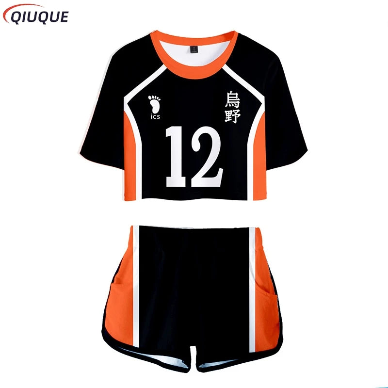 Karasuno Koukou Cosplay Costume Summer Girls Cheerleading Uniform Women Anime Crop Top Short-sleeved T-shirt Shorts