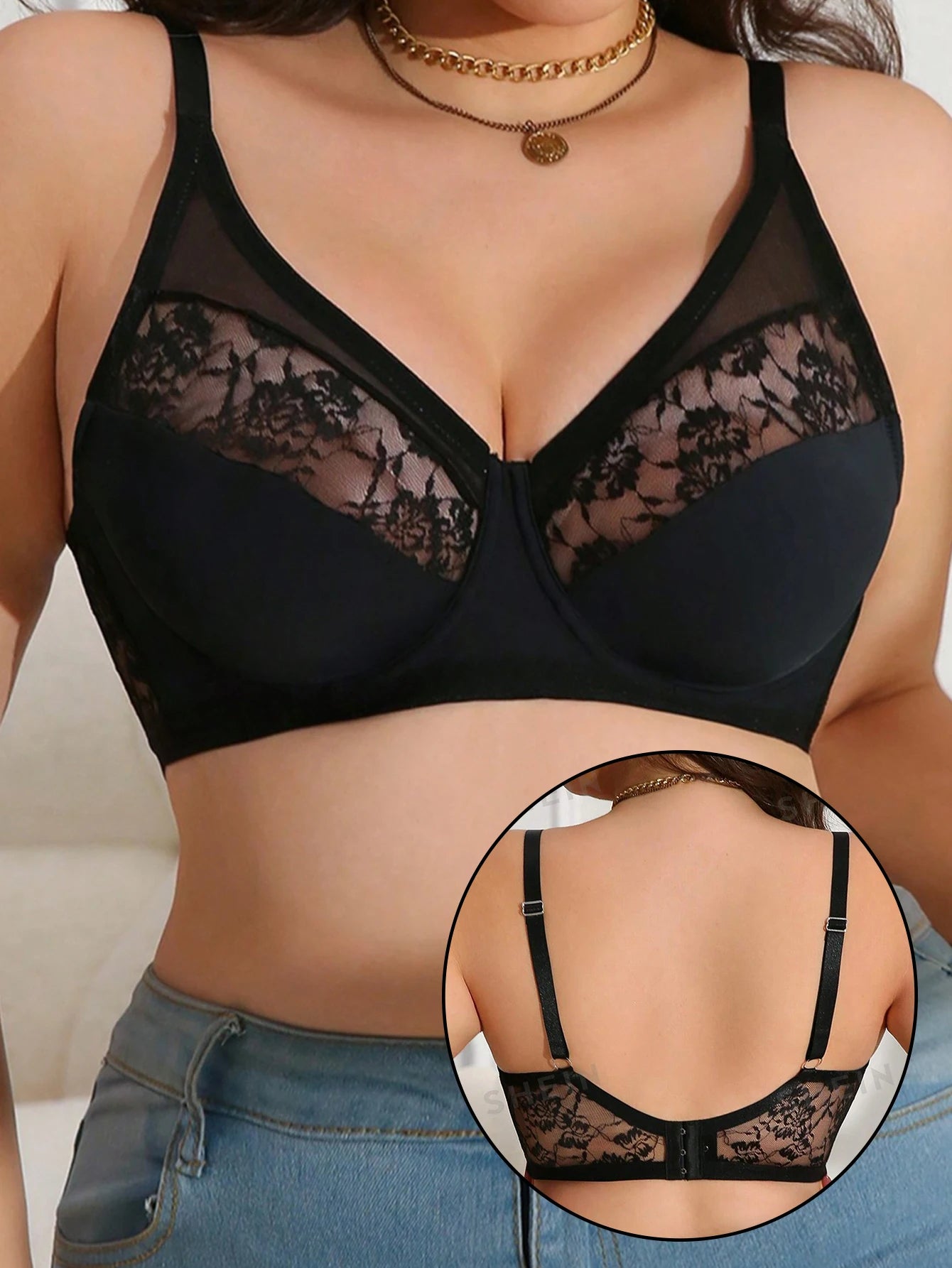 Plus Size Lace Minimizer Bra, Lace Mesh Underwire Full Cup Anti-Sag Breathable Adjustable Straps Sexy Lingerie for Big Bust 3036
