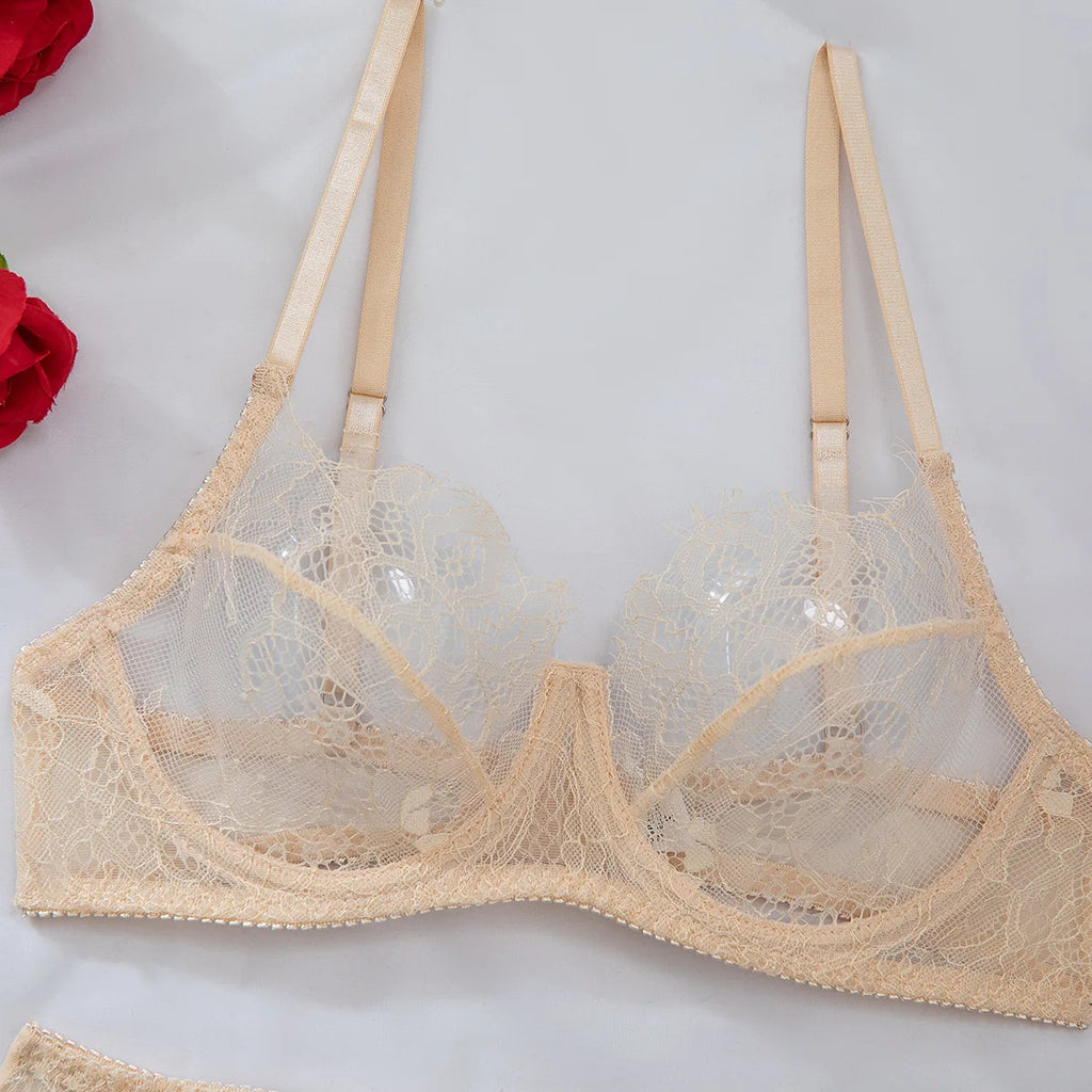 Women's Sexy Lingerie Bra Set Lace Three-piece Style Sexy Mesh See-through Bra Set Perfect for An Evening Date Sexy Lingerie Bra