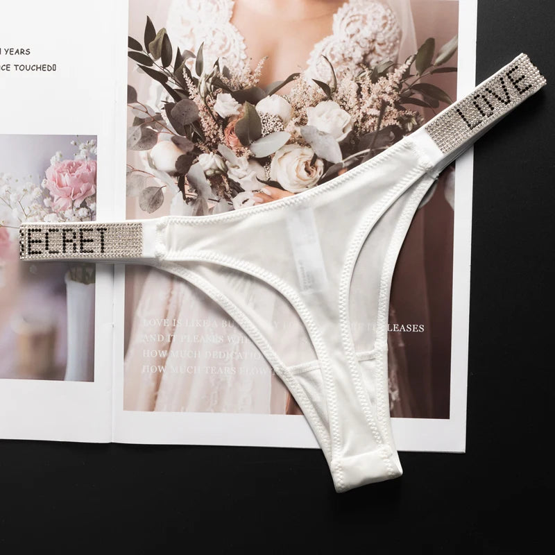 Letter Sexy Panties Women Thongs Rhinestones Diamonds G-string Sports Thong Low Waist Shorts Briefs T-back Fitness S-XL
