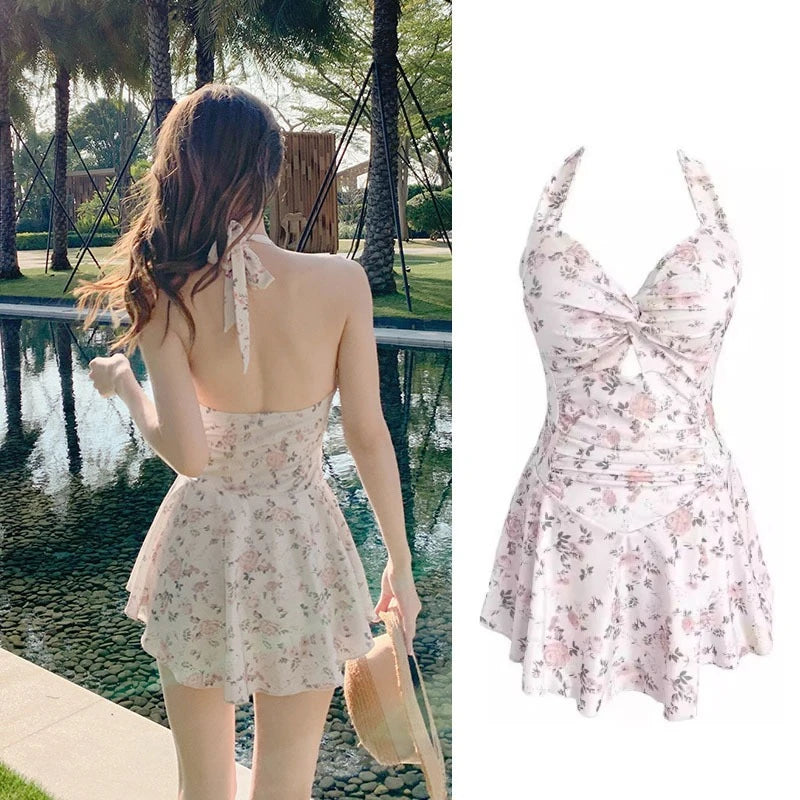 Hot spring swimsuit, women's fashion thin and meat-covering dress, conservative waist swimsuit