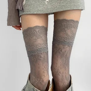 1 Pair Women's Over-Knee Socks with Floral Lace Trim Net Design for Boots Dresses Jeans - Vintage Style