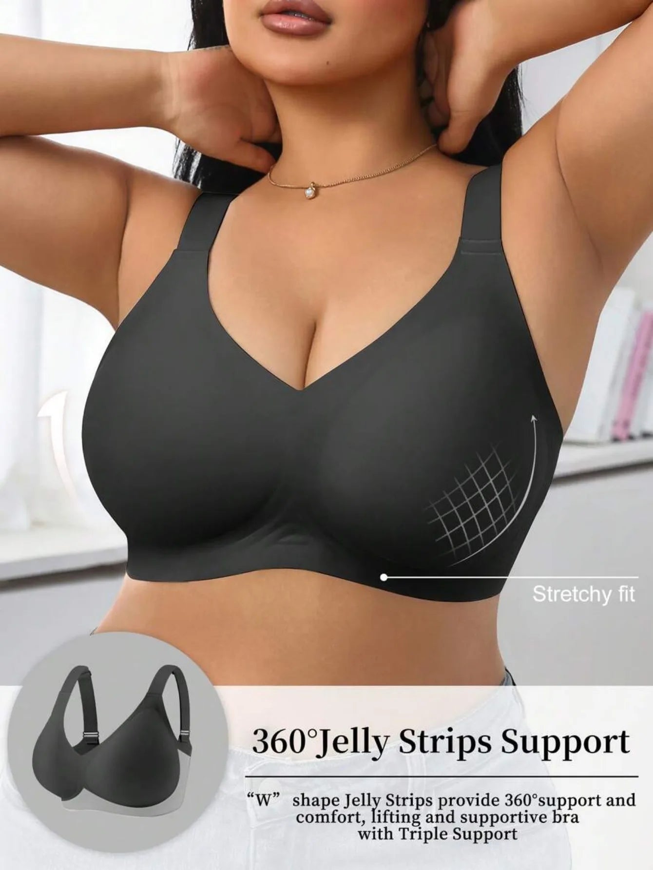 Women's High Support Sports Bra, Wire-Free Flocked Silicone Push-up Lingerie, Wide Strap Seamless Comfortable Fitness Bra