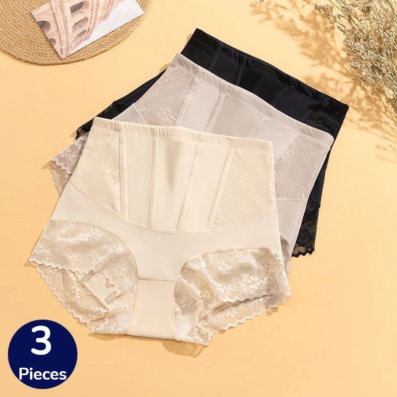 WarmSteps 3PCS Women's Shaper Panties High-Waist Lace Sexy Lingerie Abdominal Tightener Female Briefs Fishbone Waist SlimmingHot