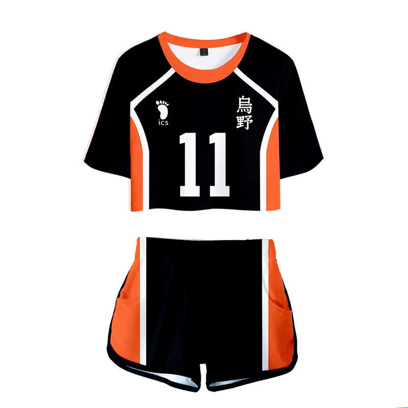 Karasuno Koukou Cosplay Costume Summer Girls Cheerleading Uniform Women Anime Crop Top Short-sleeved T-shirt Shorts