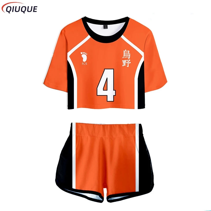 Karasuno Koukou Cosplay Costume Summer Girls Cheerleading Uniform Women Anime Crop Top Short-sleeved T-shirt Shorts