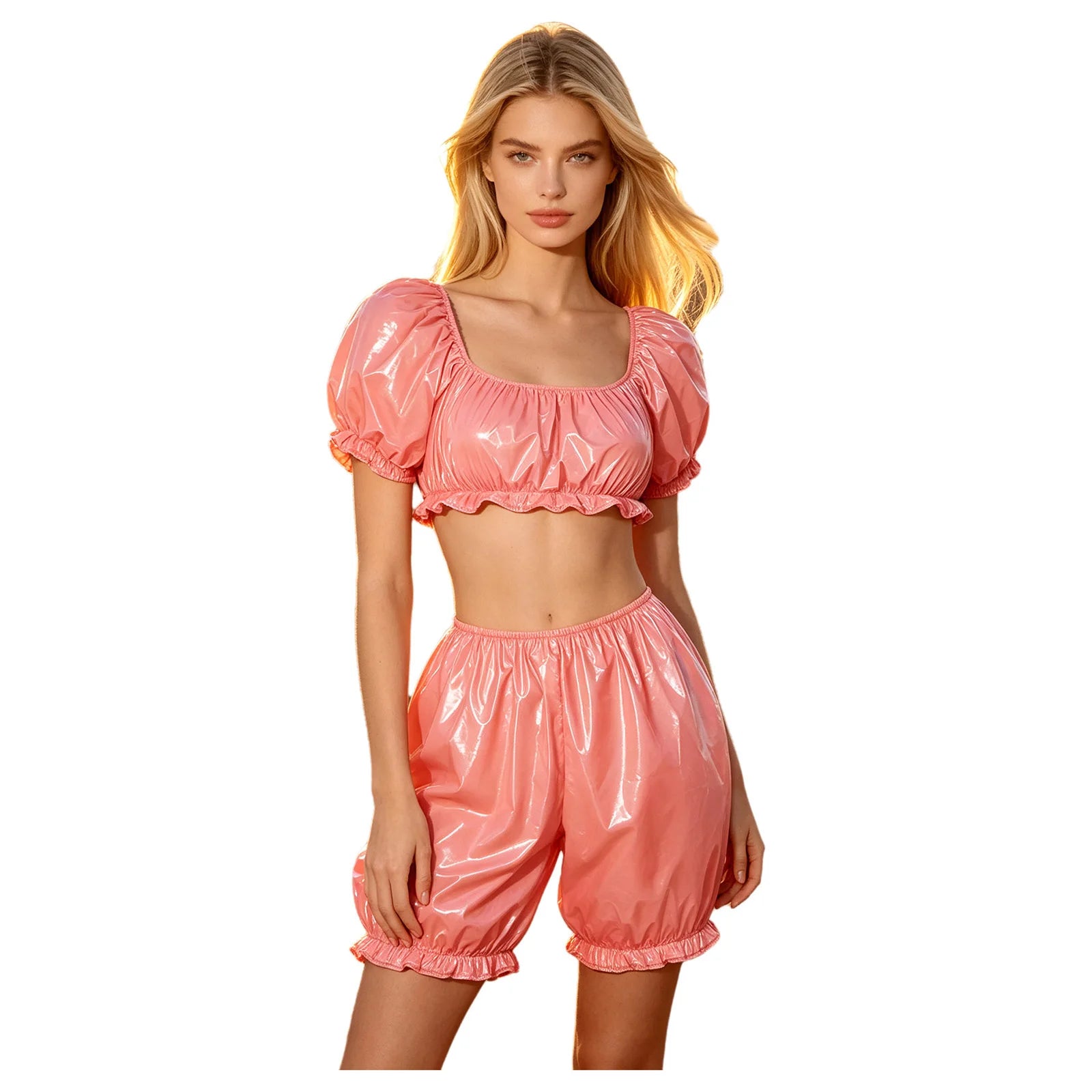2 Piece Women Nursing Homewear Sets Waterproof Vinyl Ruffled Pajamas Set Short Puff Sleeve Crop Top and V-shaped Waist Bloomers