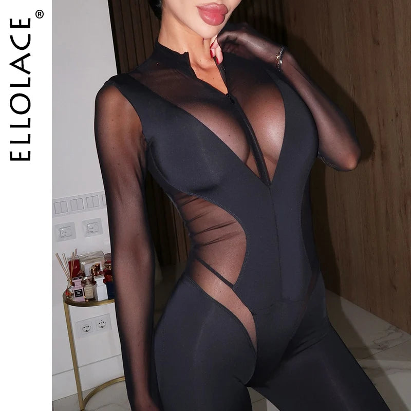 Ellolace Cougar Lingeries Femme Ultra Hot Long Sleeve High Neck Jumpsuit Splicing Pattern Zip-Up Catsuit Slim Shape Chic Outfits