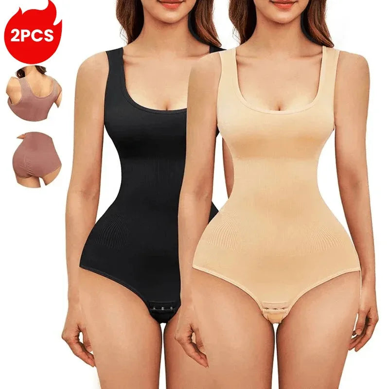2pcs Body Shapewear For Women Seamless Solid Shaping Full Bodysuit Crew Neck Tummy Control Breathable Body Shaper Underwear