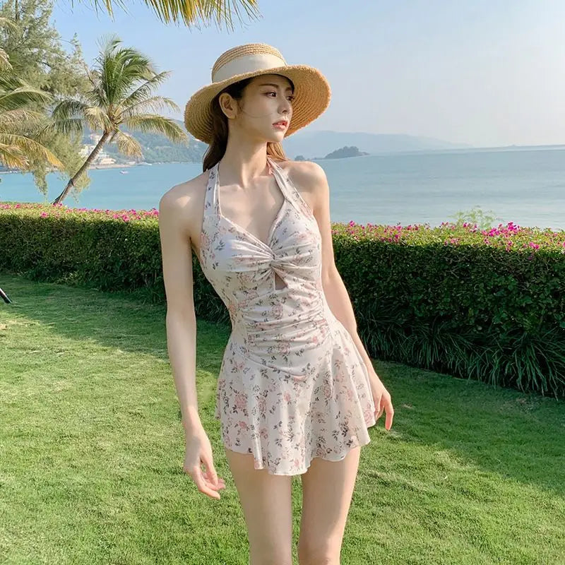 New Summer Floral Print Monokini Women Sexy Halter Dress Style Swimsuit Beach Vacation Bathing Suit