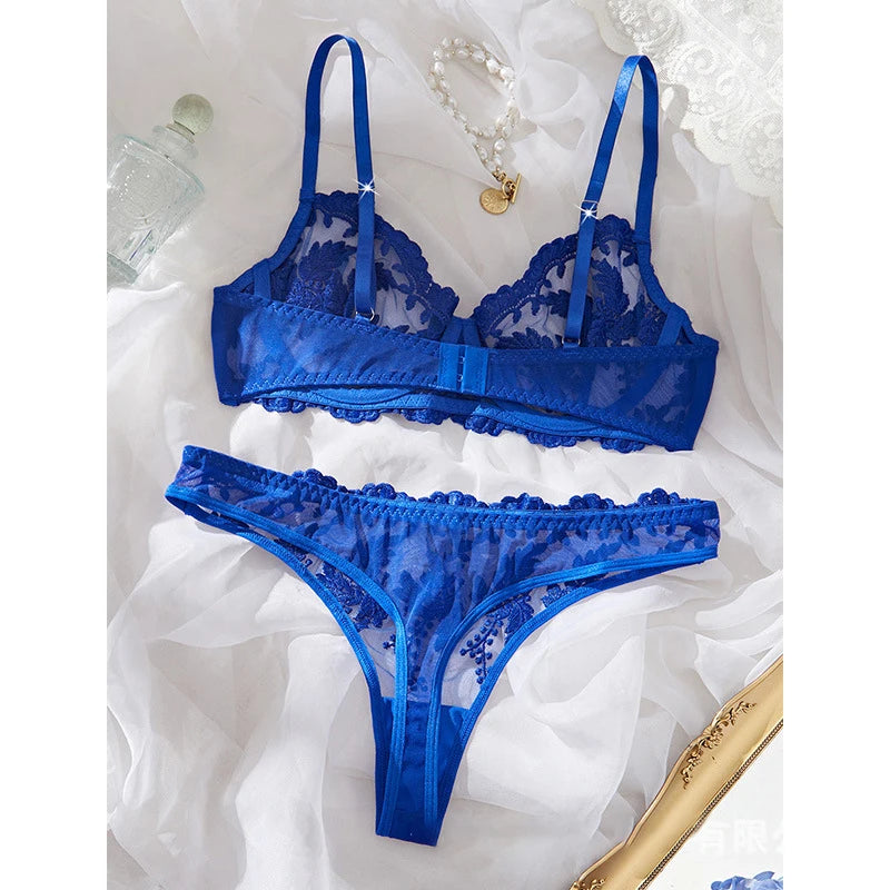 Sexy Women Lingerie Set Dark Blue Ultra Thin Mesh Underwear Delicate Embroidered Bra and Panties Sets Translucent Sexy Lingerie