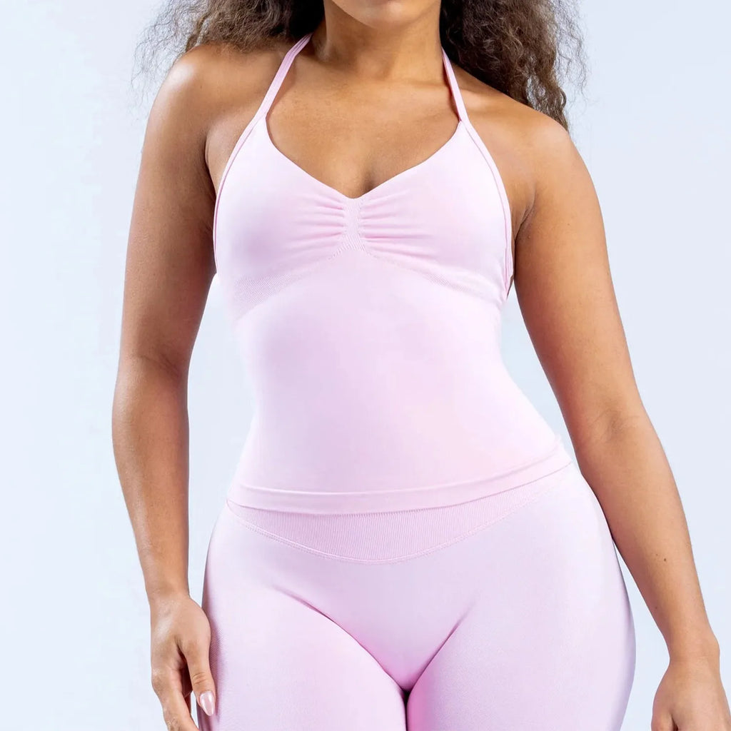 Women's Halter Neck Yoga Tank Top, Front Ruched Seamless Sports Bra Short Top, High-Elastic Soft Nylon Spandex Fitness Wear, Slim-Fit Sleeveless Running Training Fitness Tank Top