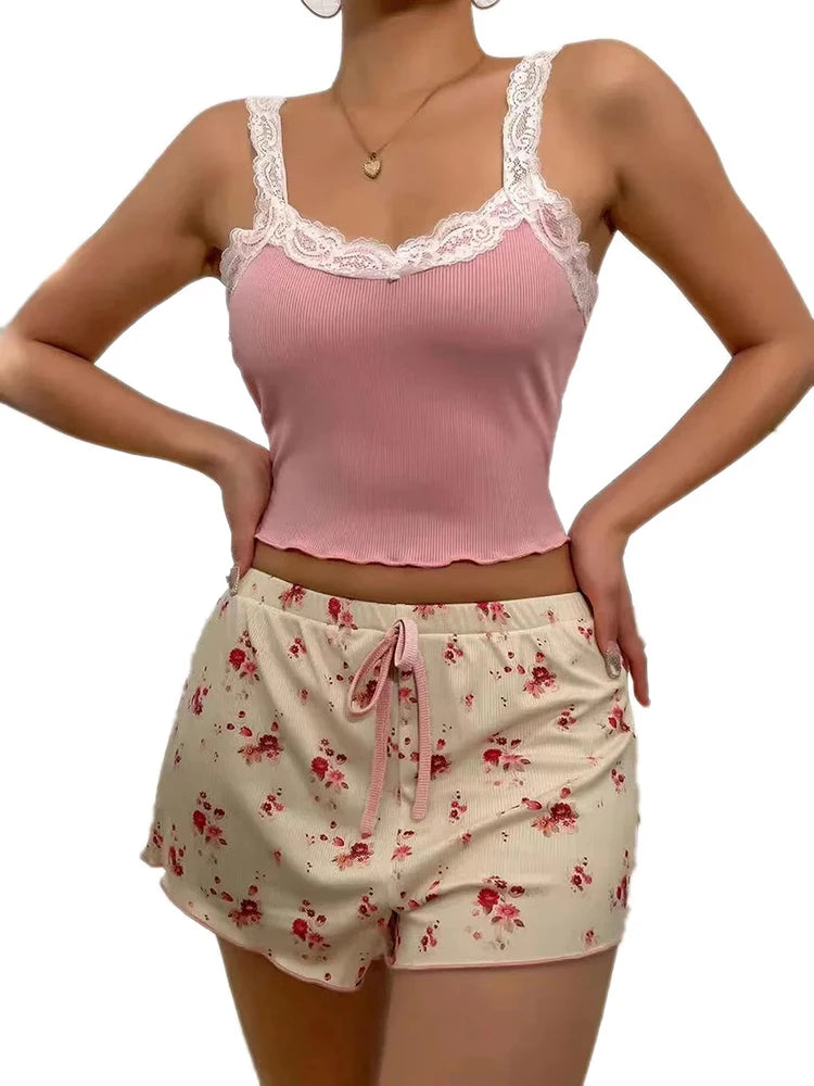 Women's Two-Piece Summer Ribbed Knitted Flower Print Lace Trimmed Camisole Vest and Bow Shorts Sexy Pajama Set